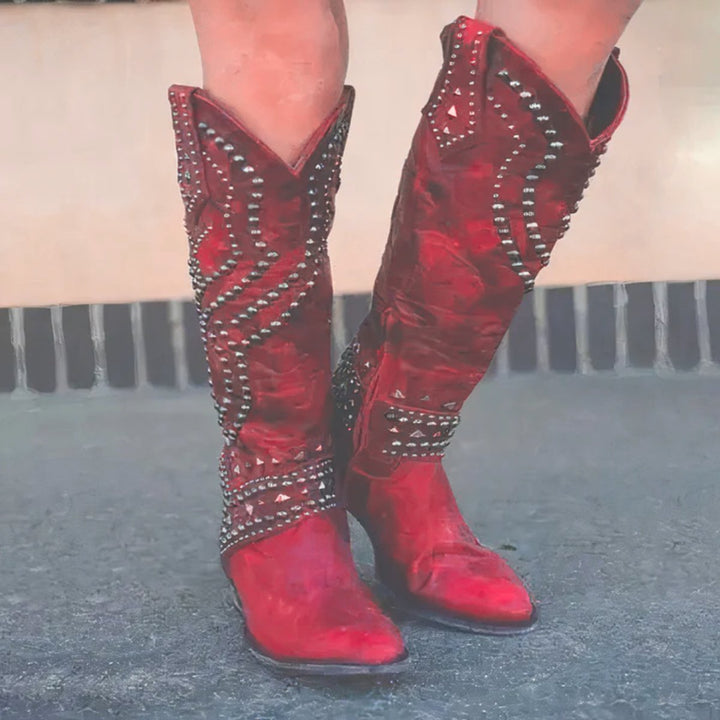 Black Knee High Boots for Women with Orthopedic Arch Support, Studded Western Style, Block Heel, Pointed Toe 3