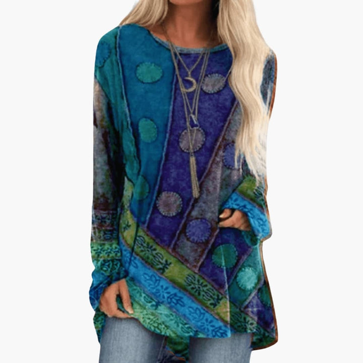 Boho Long Sleeve Women's Tunic Top with Colorful Patchwork Design - Stylish Tunic Tops for Women 0