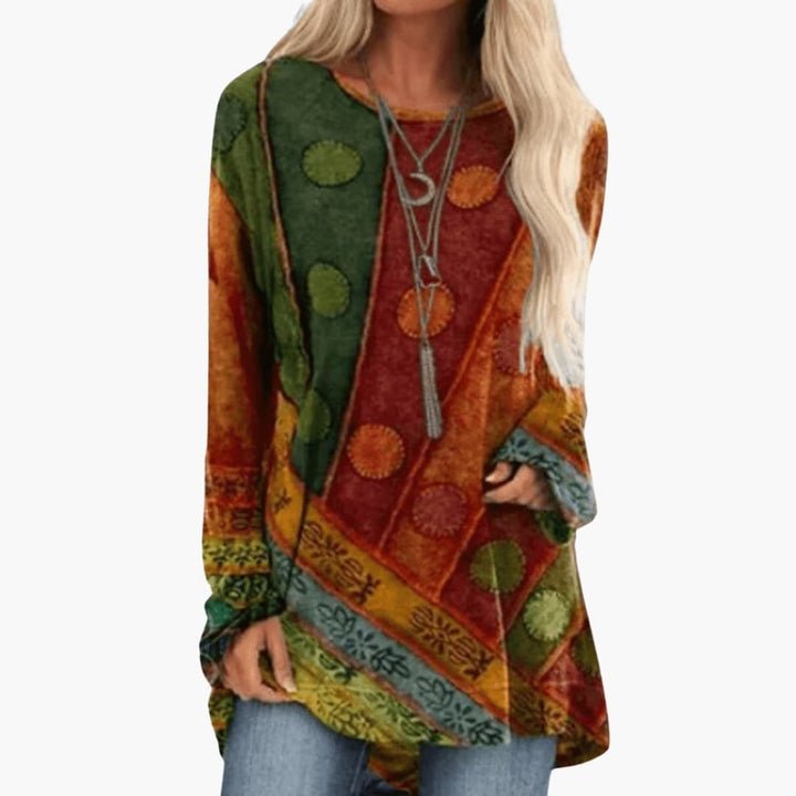 Boho Long Sleeve Women's Tunic Top with Colorful Patchwork Design - Stylish Tunic Tops for Women 1