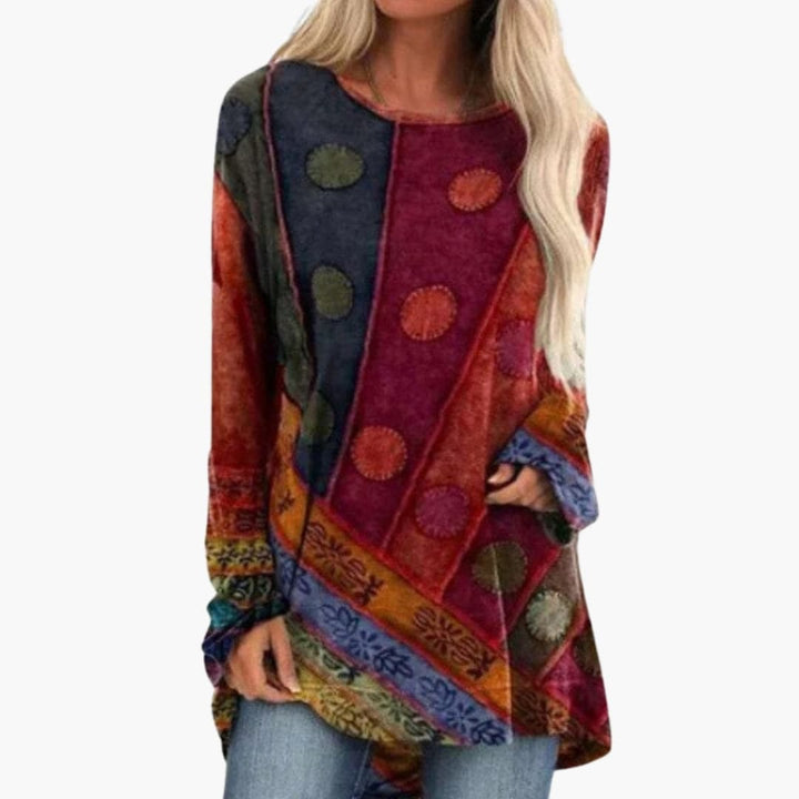 Boho Long Sleeve Women's Tunic Top with Colorful Patchwork Design - Stylish Tunic Tops for Women 2