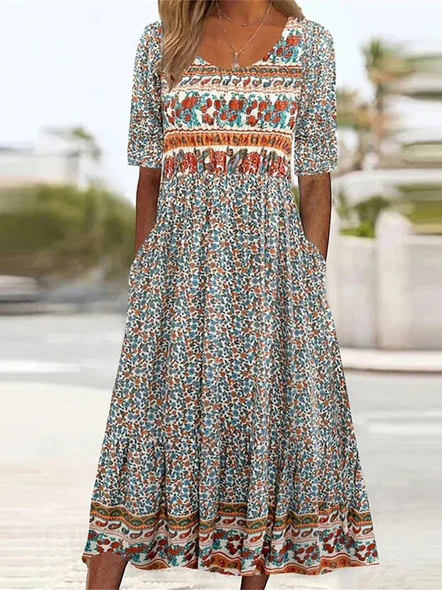 Boho Print Midi Dress for Women - Flattering Square Neckline 0