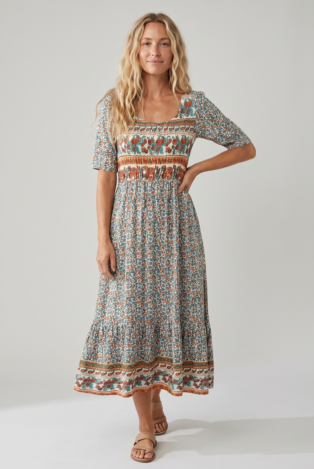 Boho Print Midi Dress for Women - Flattering Square Neckline 1