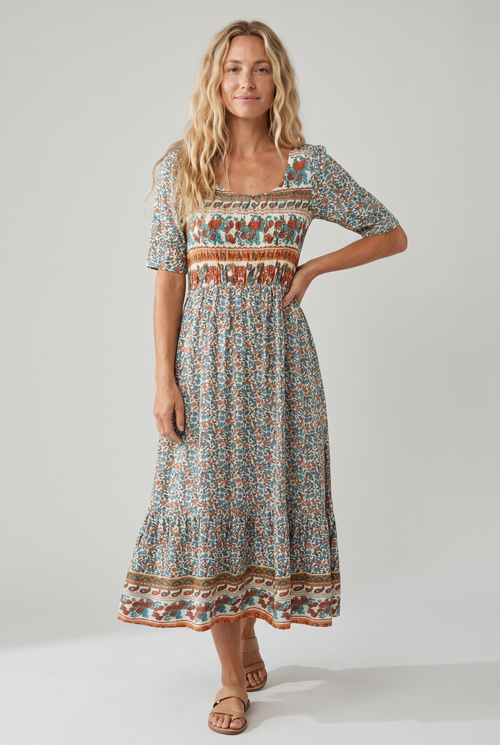 Boho Print Midi Dress for Women - Flattering Square Neckline 1