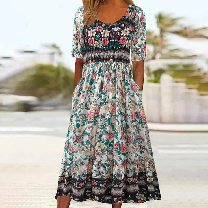Boho Print Midi Dress for Women - Flattering Square Neckline 10