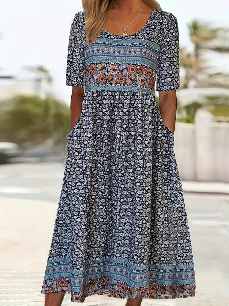 Boho Print Midi Dress for Women - Flattering Square Neckline 12