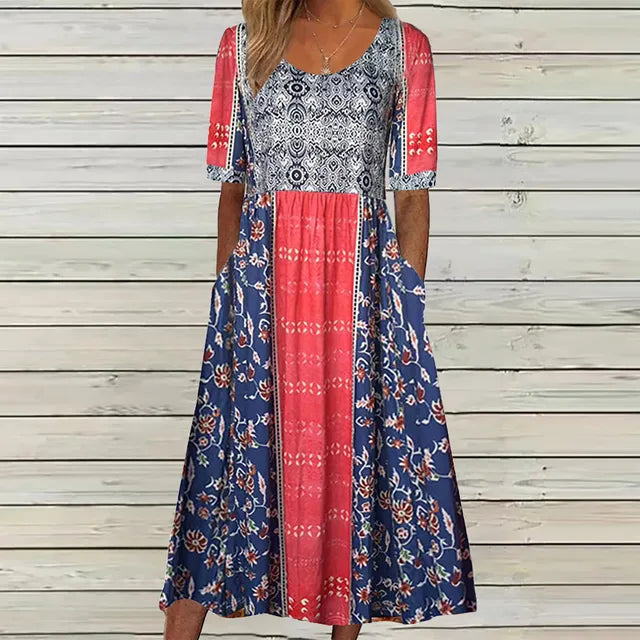 Boho Print Midi Dress for Women - Flattering Square Neckline 13