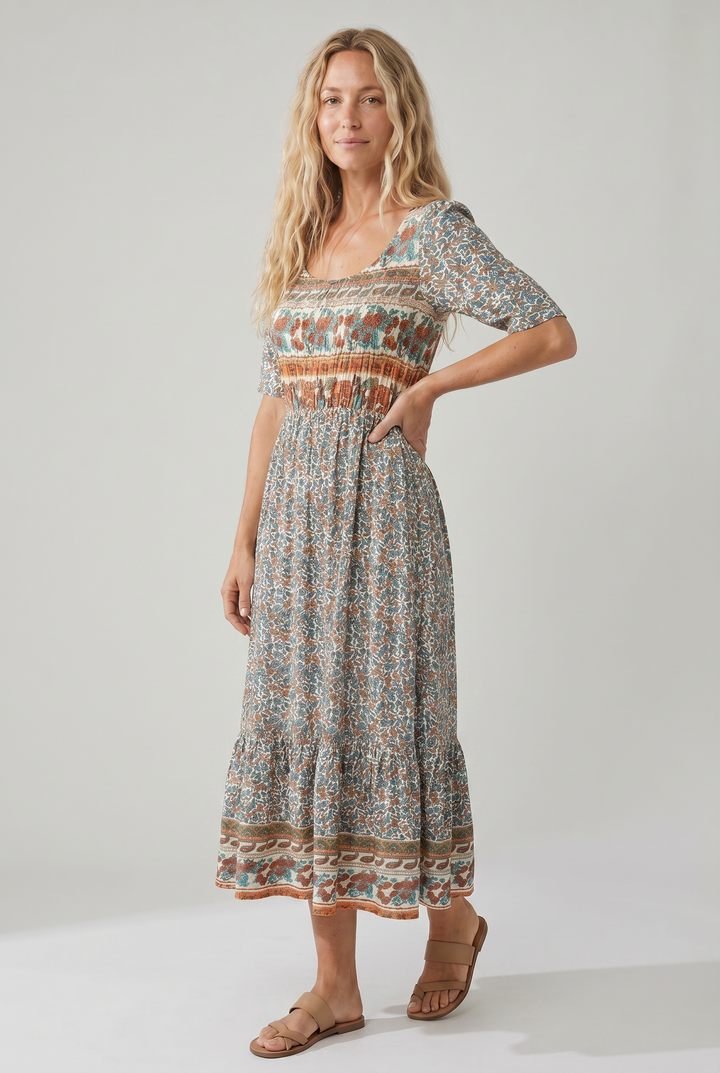 Boho Print Midi Dress for Women - Flattering Square Neckline 2