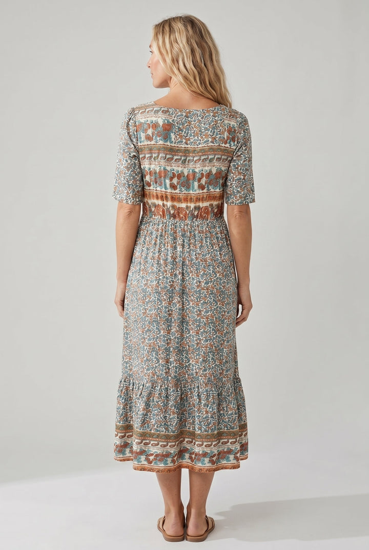 Boho Print Midi Dress for Women - Flattering Square Neckline 3