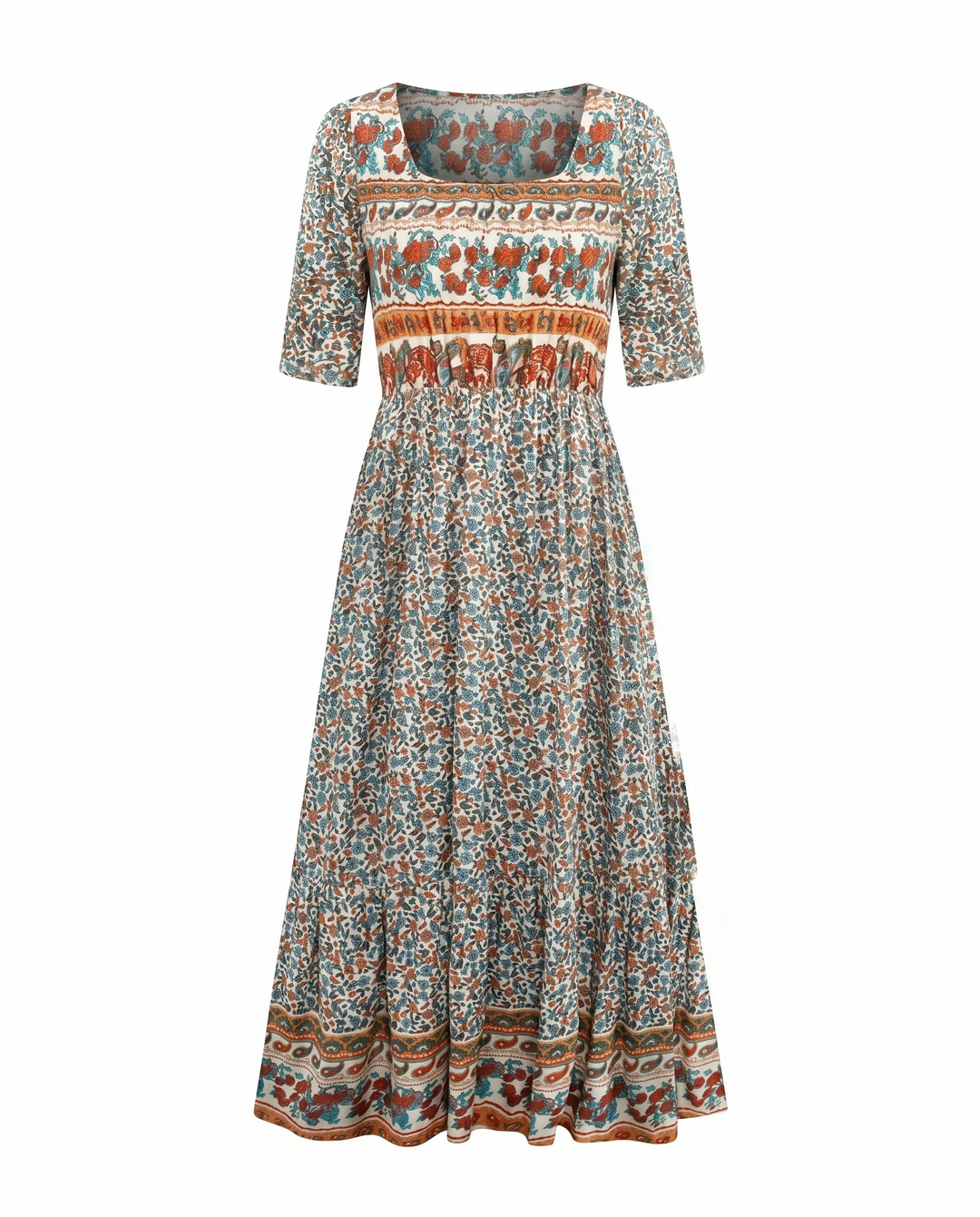 Boho Print Midi Dress for Women - Flattering Square Neckline 5