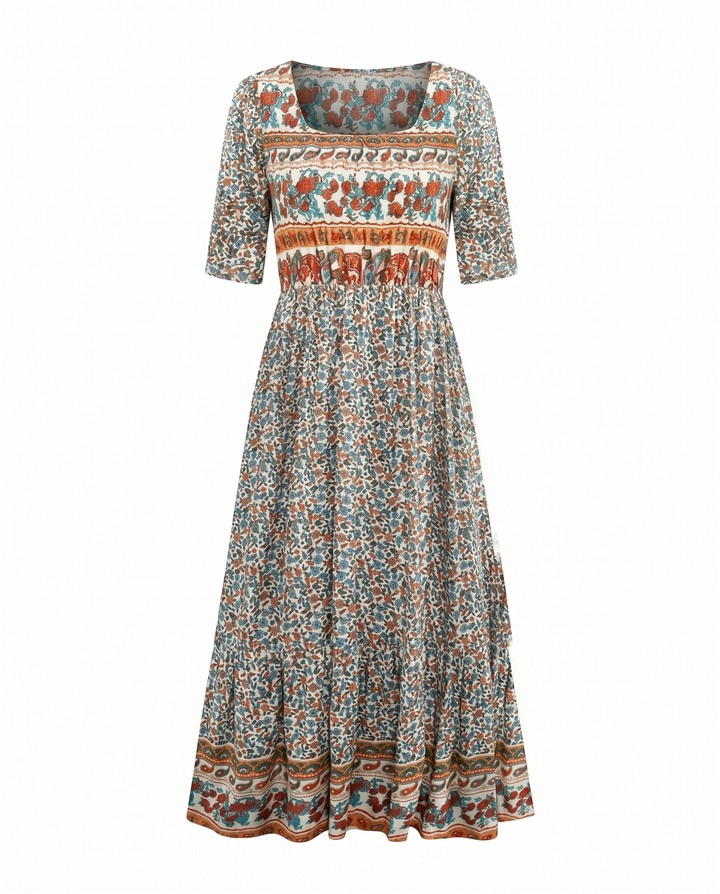 Boho Print Midi Dress for Women - Flattering Square Neckline 5