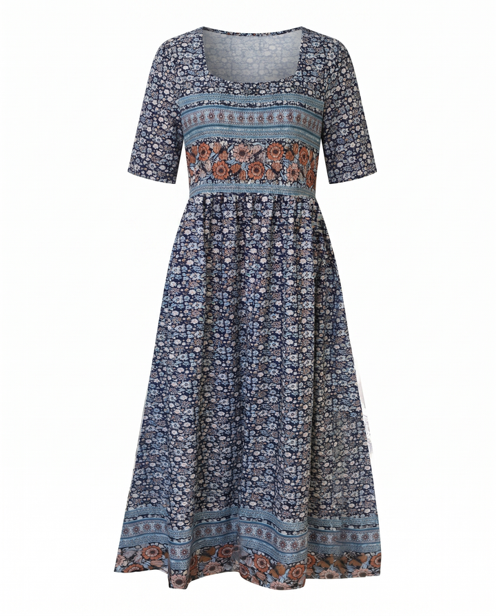 Boho Print Midi Dress for Women - Flattering Square Neckline 6