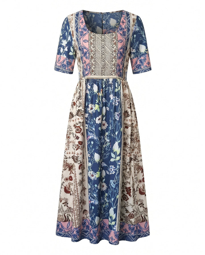 Boho Print Midi Dress for Women - Flattering Square Neckline 7