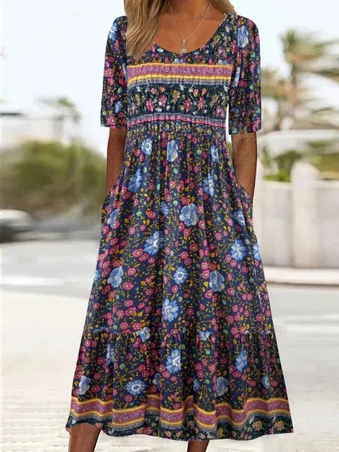 Boho Print Midi Dress for Women - Flattering Square Neckline 9