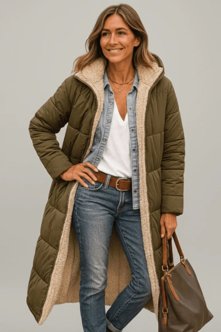 Damen lange Pufferjacke mit Kapuze 6