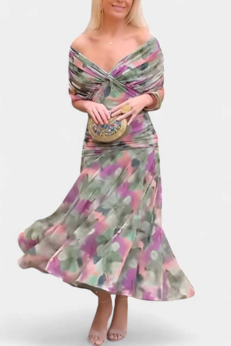 Elegant Floral Maxi Dress for Women - V-Neck, Pleated Waistband, Summer Dresses 4
