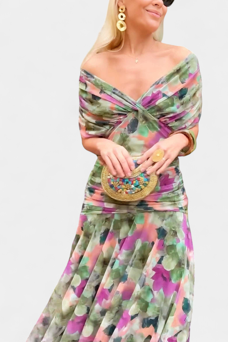 Elegant Floral Maxi Dress for Women - V-Neck, Pleated Waistband, Summer Dresses 5