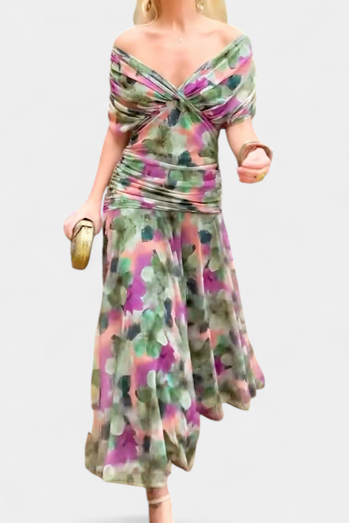 Elegant Floral Maxi Dress for Women - V-Neck, Pleated Waistband, Summer Dresses 7