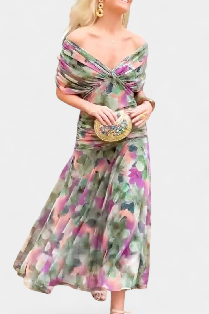 Elegant Floral Maxi Dress for Women - V-Neck, Pleated Waistband, Summer Dresses 8