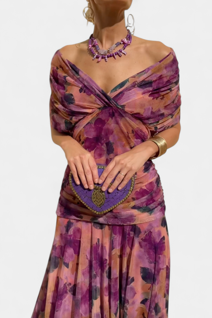 Elegant Floral Maxi Dress for Women - V-Neck, Pleated Waistband, Summer Dresses 9