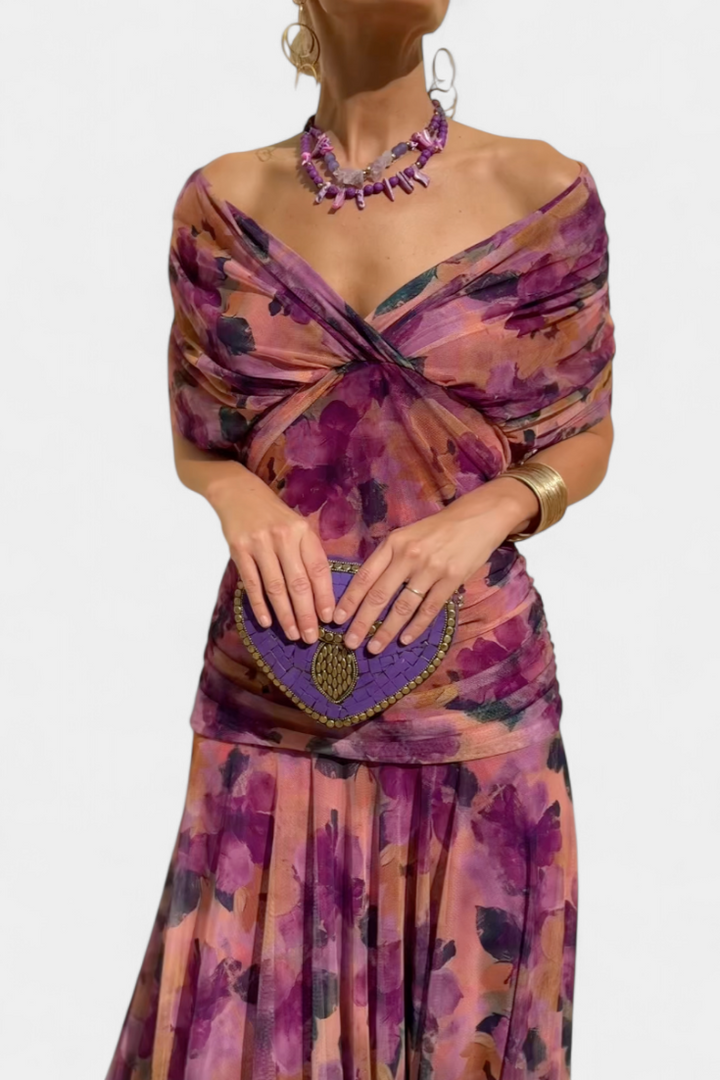 Elegant Floral Maxi Dress for Women - V-Neck, Pleated Waistband, Summer Dresses 9