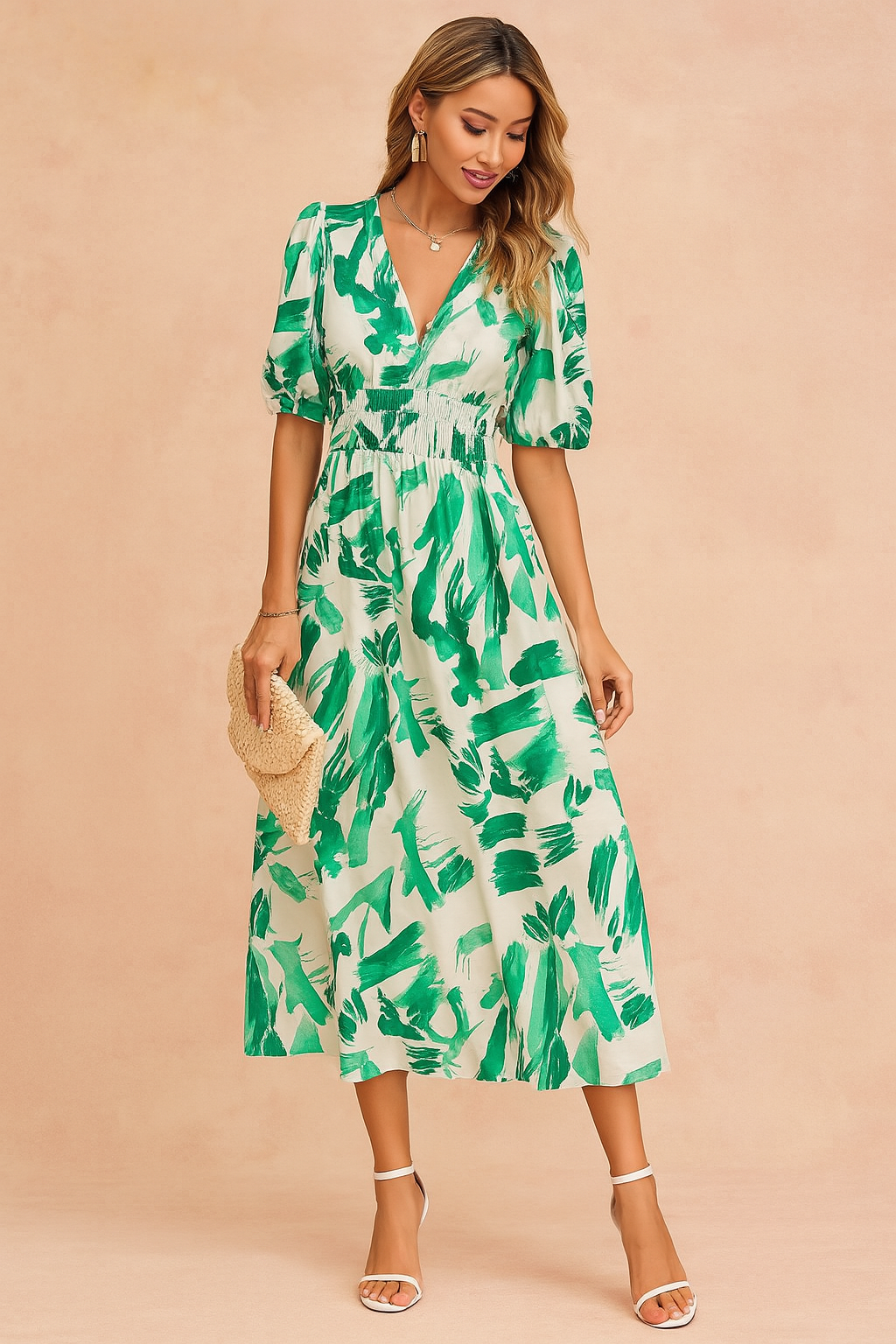 Elegant Floral Summer Midi Dress for Women - Puffed Sleeves & High Waist 0
