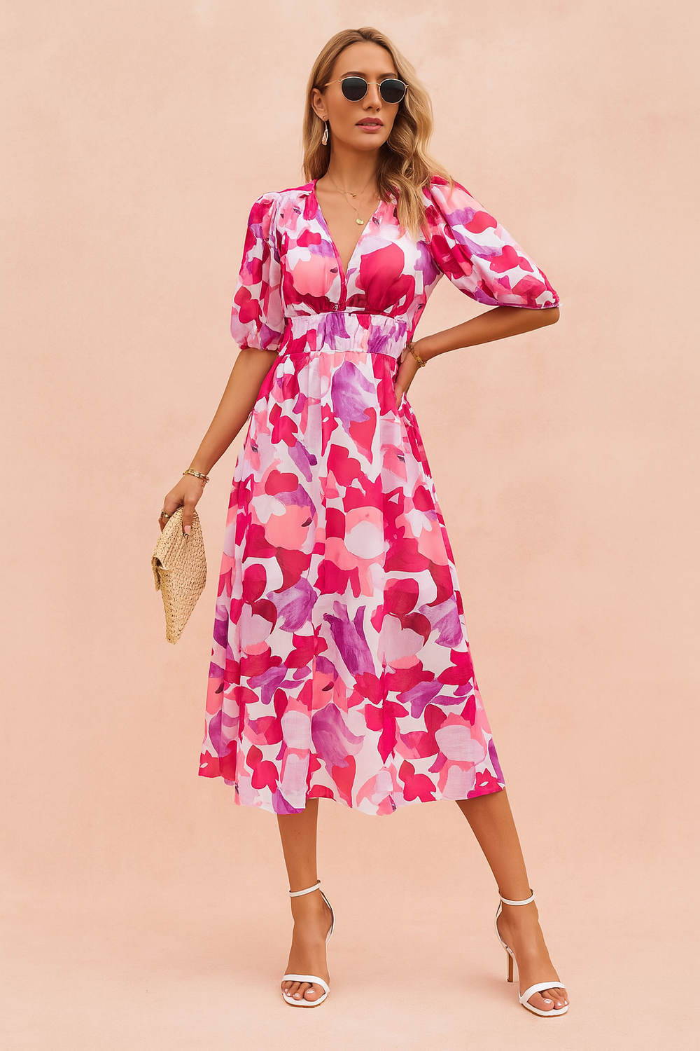 Elegant Floral Summer Midi Dress for Women - Puffed Sleeves & High Waist 1