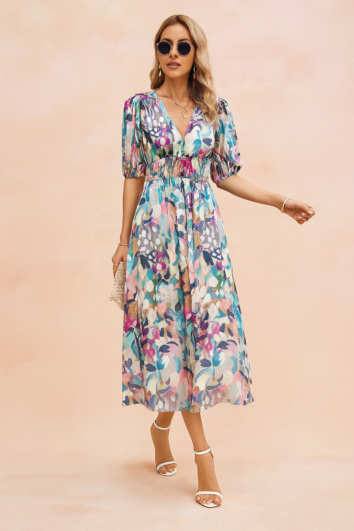 Elegant Floral Summer Midi Dress for Women - Puffed Sleeves & High Waist 2