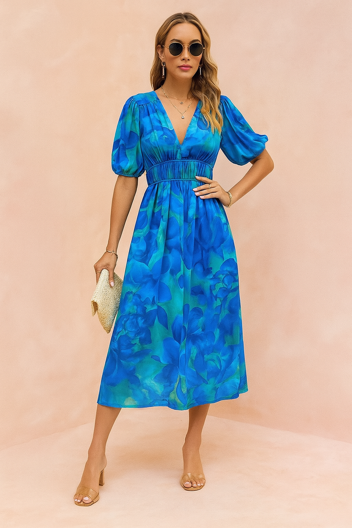 Elegant Floral Summer Midi Dress for Women - Puffed Sleeves & High Waist 3