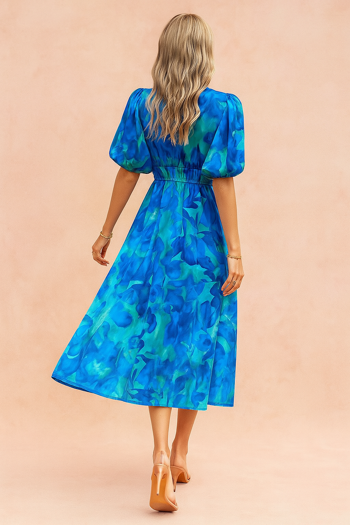 Elegant Floral Summer Midi Dress for Women - Puffed Sleeves & High Waist 4