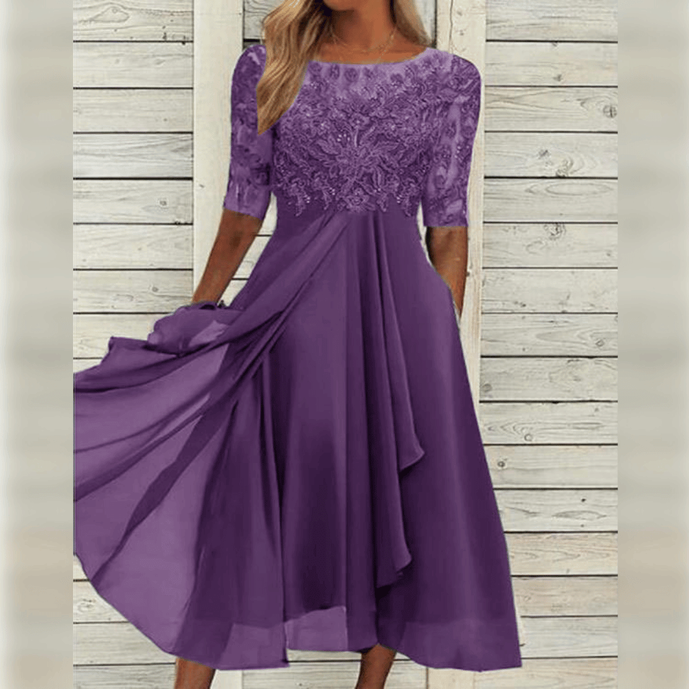 Elegant Lace Evening Dress with Three-Quarter Sleeves | Semi Formal Gowns for Women 0