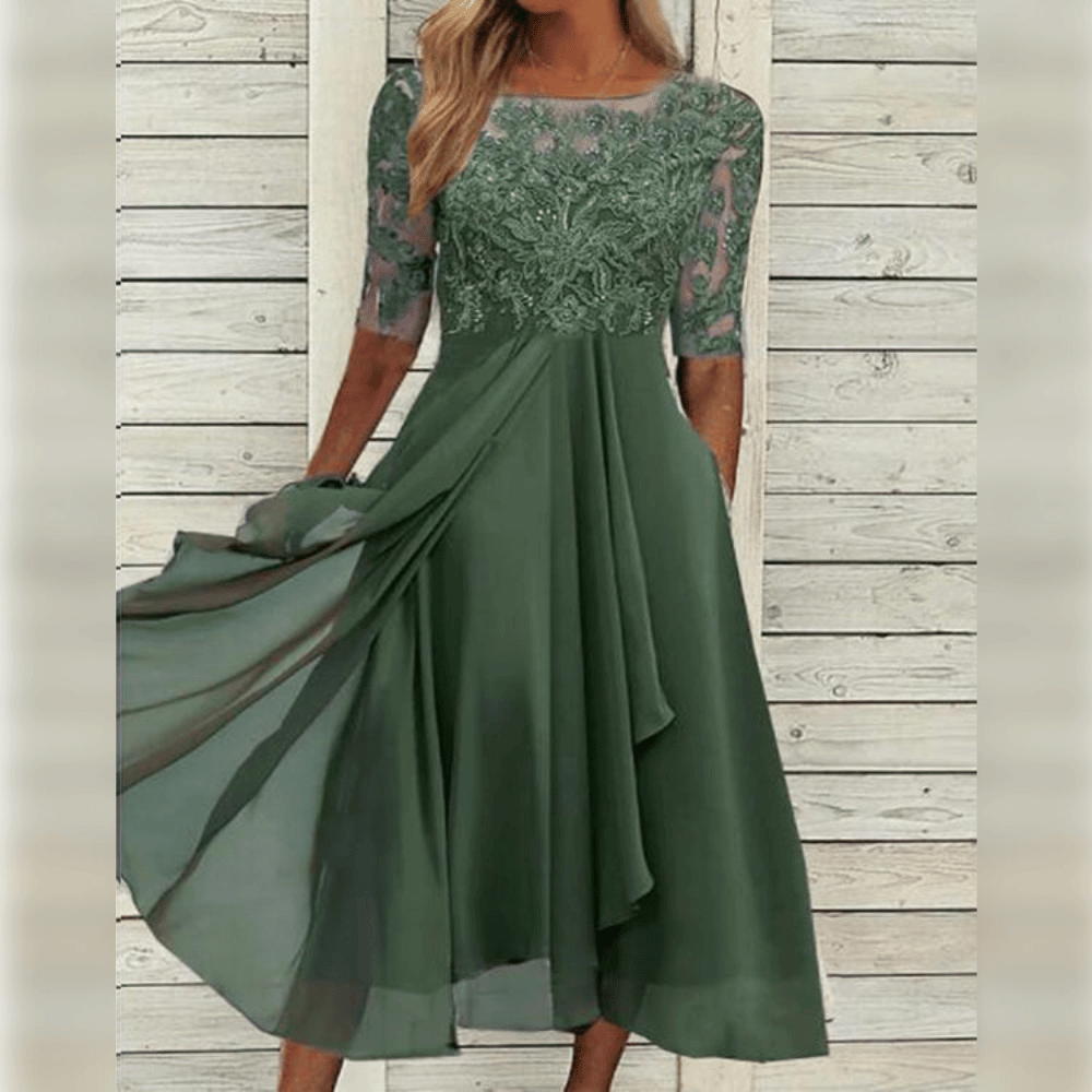 Elegant Lace Evening Dress with Three-Quarter Sleeves | Semi Formal Gowns for Women 1