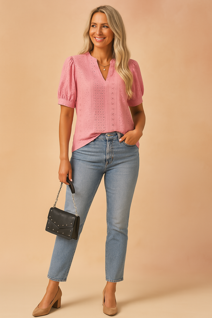 Elegant Women's Blouse with Short Sleeves and Cutout Neckline for Casual Outings 3