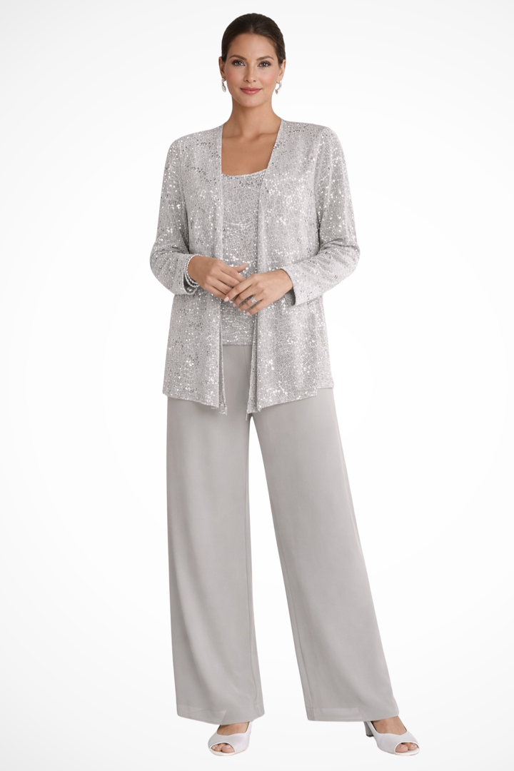 Elegant Women’s Sequin Lace Jacket and Wide Leg Trouser Suit for Special Occasions 0