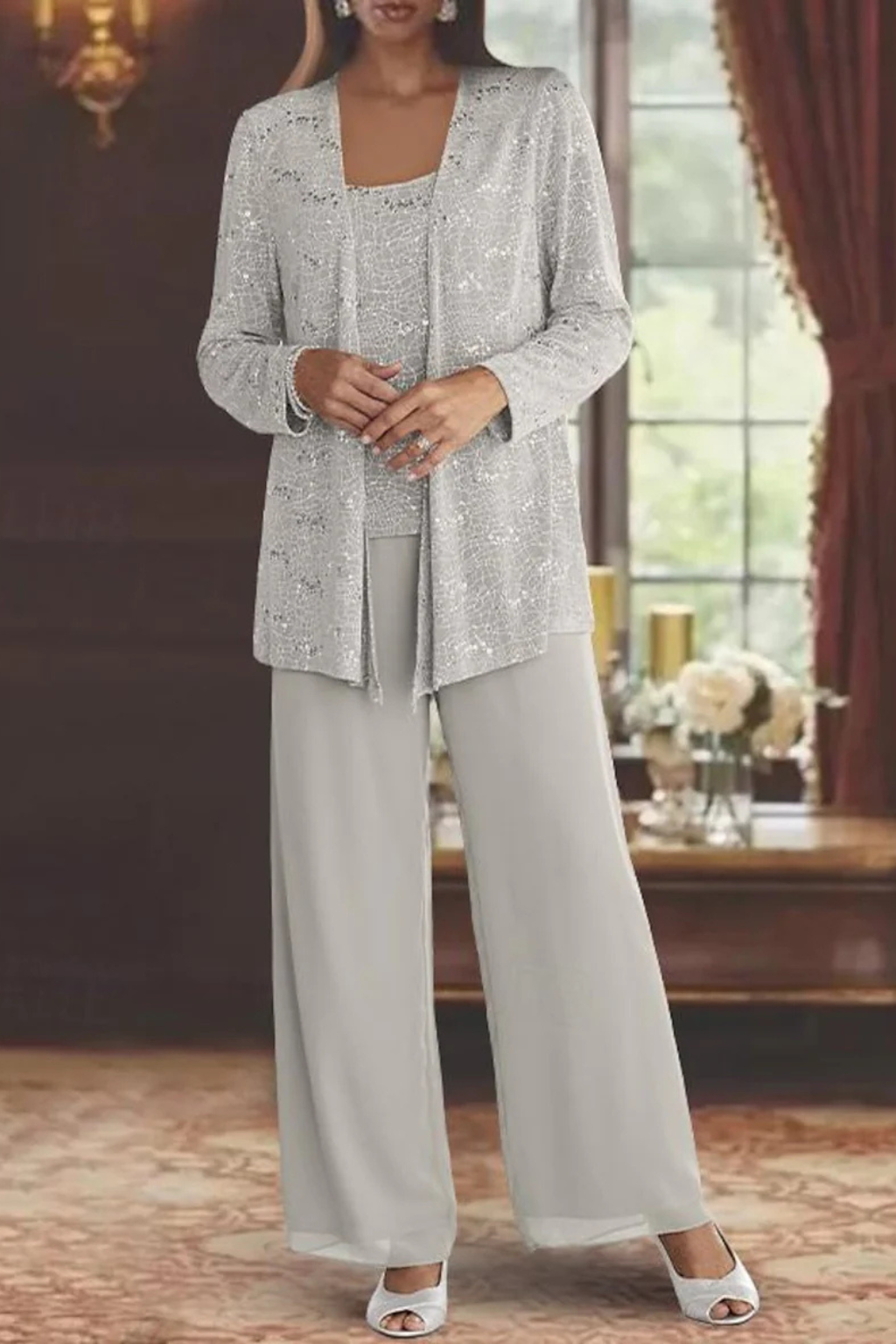Elegant Women’s Sequin Lace Jacket and Wide Leg Trouser Suit for Special Occasions 1