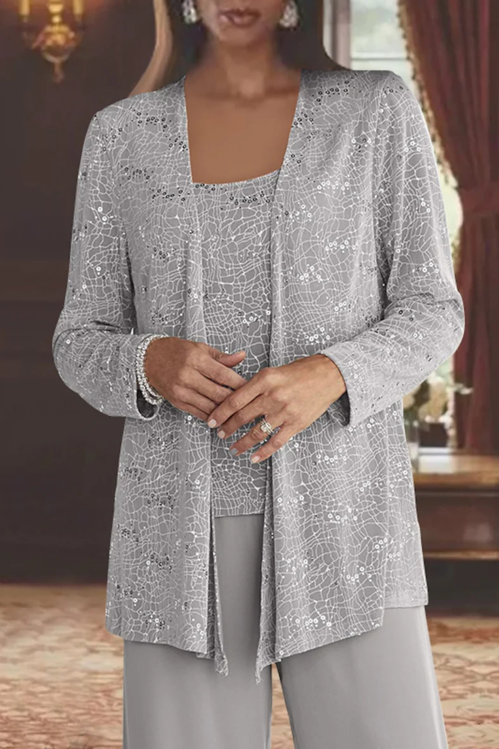 Elegant Women’s Sequin Lace Jacket and Wide Leg Trouser Suit for Special Occasions 2