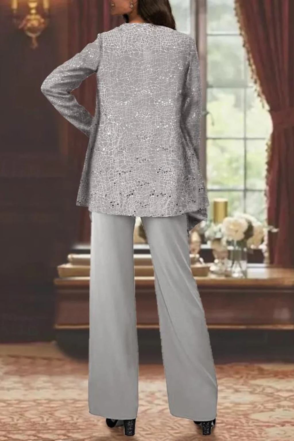 Elegant Women’s Sequin Lace Jacket and Wide Leg Trouser Suit for Special Occasions 3