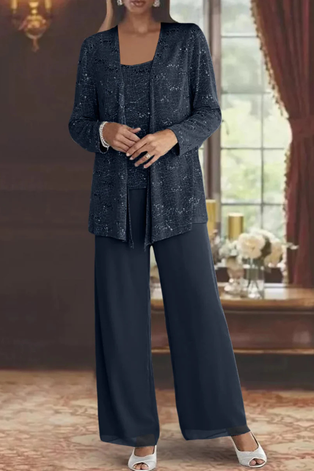 Elegant Women’s Sequin Lace Jacket and Wide Leg Trouser Suit for Special Occasions 7
