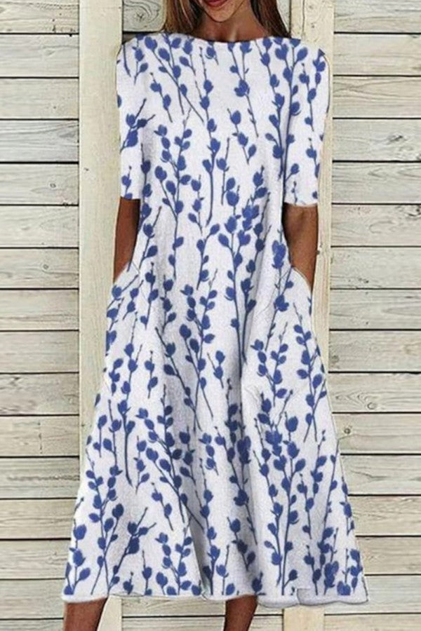 Elegant Women's Summer Midi Dress with Botanical Print and Half Sleeves 0