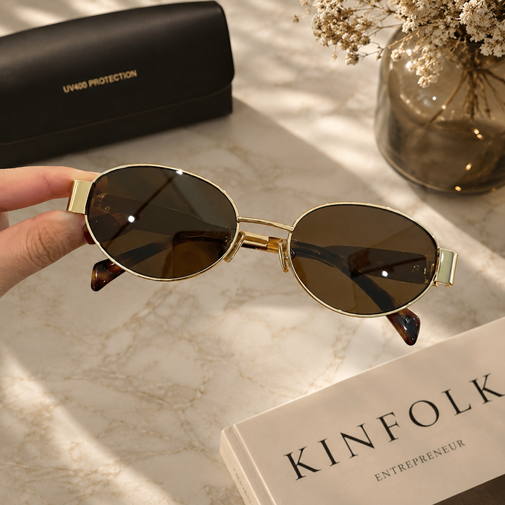 Stylish Women Oval Metal Frame Sunglasses with Dark Tinted Lenses