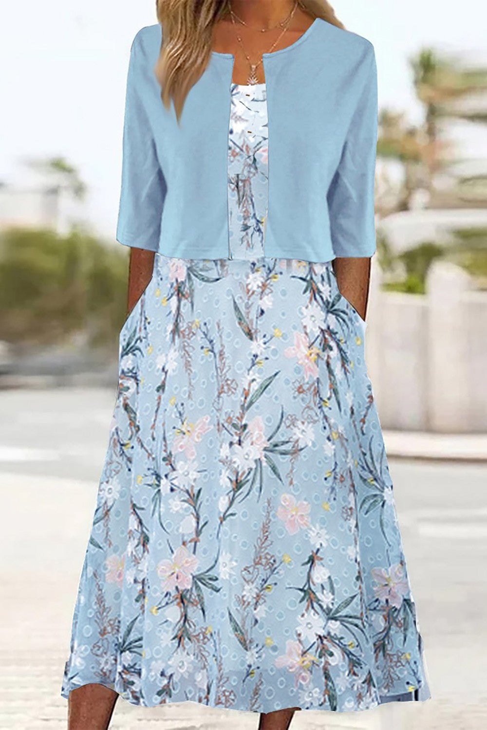 Floral Midi Dress for Women - Elegant Summer Dresses with Pockets, Casual Two-Piece Style 0