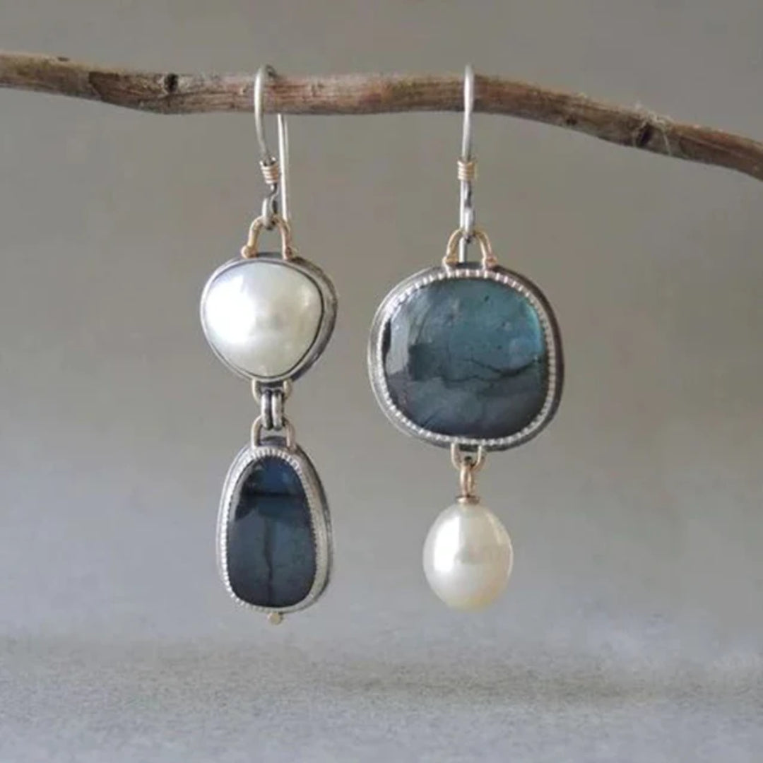 Gold Vintage Pearl Earrings with Blue Stone Accents for Women - Elegant Everyday Jewelry 0