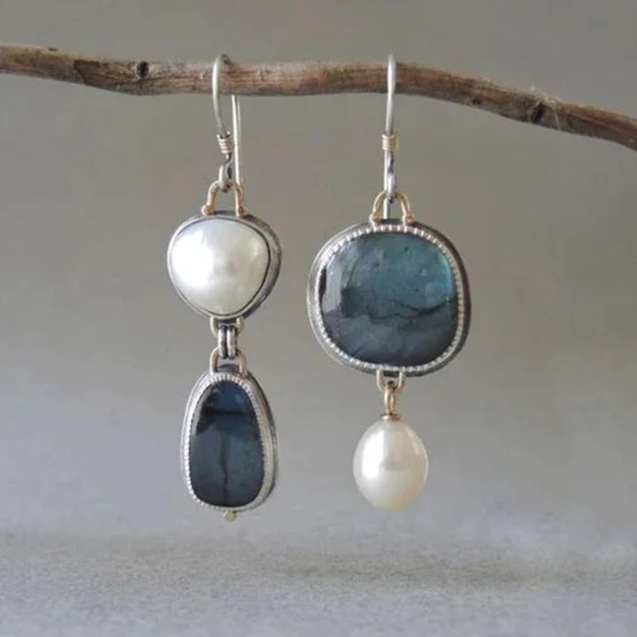 Gold Vintage Pearl Earrings with Blue Stone Accents for Women - Elegant Everyday Jewelry 0