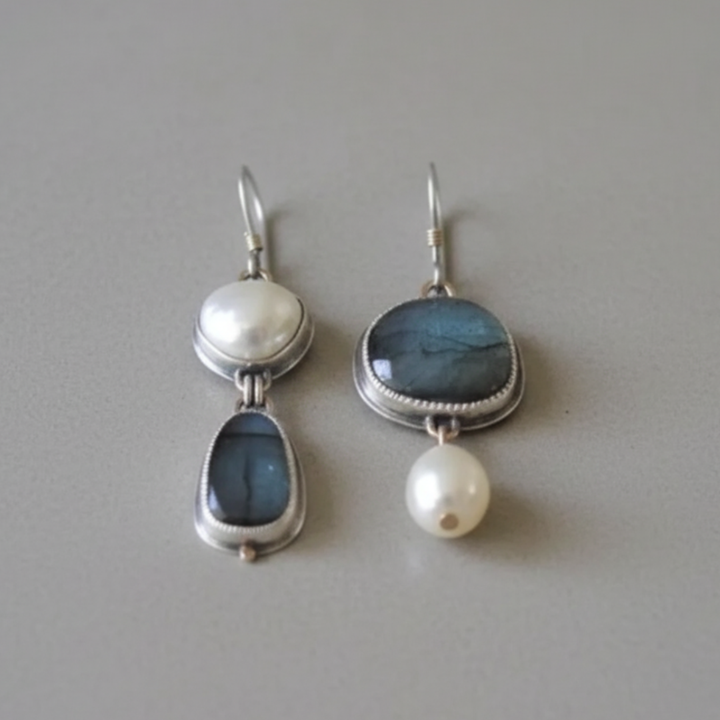 Gold Vintage Pearl Earrings with Blue Stone Accents for Women - Elegant Everyday Jewelry 1