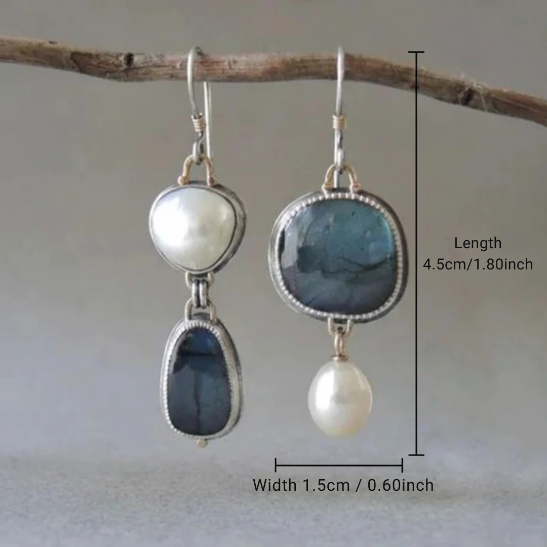 Gold Vintage Pearl Earrings with Blue Stone Accents for Women - Elegant Everyday Jewelry 2