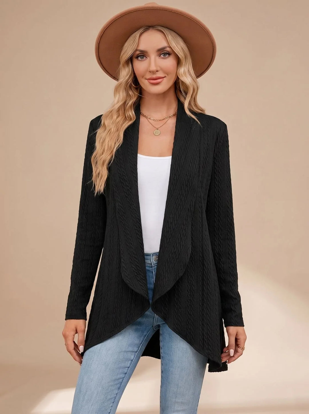 Greta | Damen Langarm Strickjacke Offene Front Kabelstruktur Hüftlang 3
