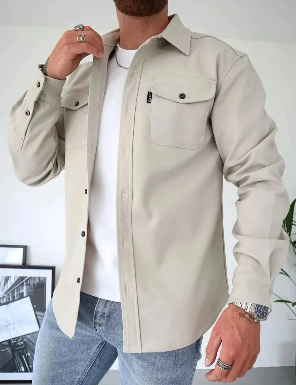 Herren Hemdjacke mit Knopfleiste Brusttaschen lässig 4