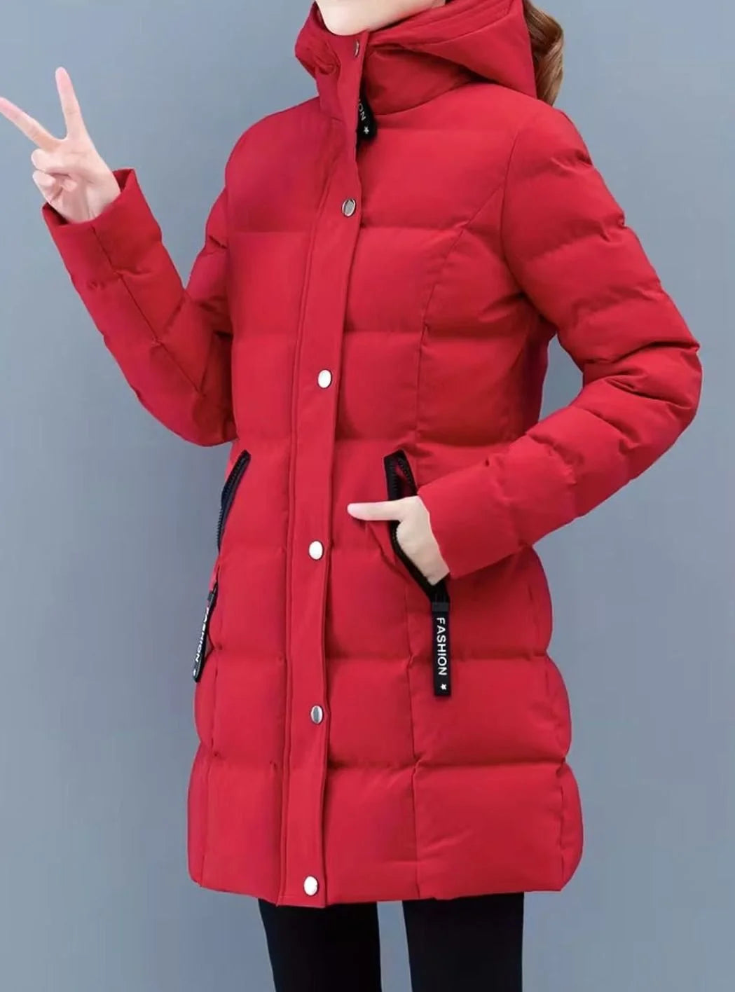 Marie | Damen Winterjacke Gesteppter Mantel mit Kapuze Reißverschluss Mittellang 6
