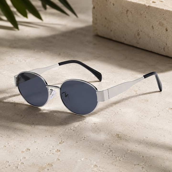 Stylish Women Oval Metal Frame Sunglasses with Dark Tinted Lenses