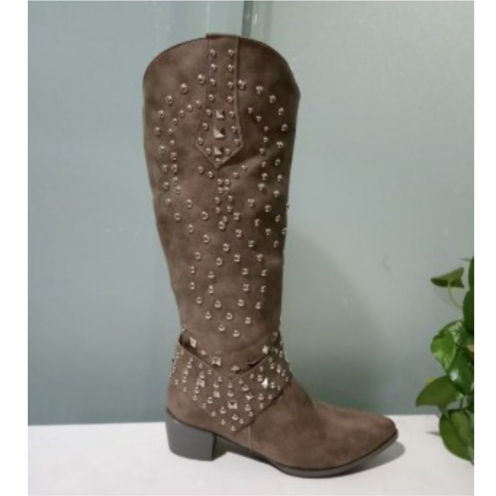 Black Knee High Boots for Women with Orthopedic Arch Support, Studded Western Style, Block Heel, Pointed Toe