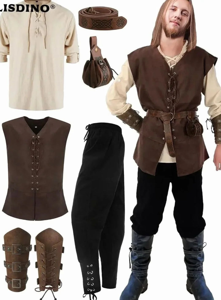 Simon | Men's Medieval Costume Set Lace-up Shirt Vest Trousers Belt Arm Warmers 1